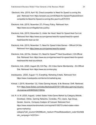 Entertainment Business Model: Nine Elements of the Business Model 20
Electronic Arts. (2018, April 18). Direct competitor to Need for Speed is coming this
year. Retrieved from https://answers.ea.com/t5/Need-for-Speed-Payback/Direct-
competitor-to-Need-for-Speed-is-coming-this-year/m-p/6751818
Electronic Arts. (2018, November 27). Privacy Policy. Retrieved from
https://www.ea.com/legal/privacy-policy
Electronic Arts. (2019, December 2). Under the Hood: Need for Speed Heat Car List.
Retrieved from https://www.ea.com/games/need-for-speed/need-for-speed-
heat/news/nfs-heat-car-list
Electronic Arts. (2019, November 7). Need for Speed Video Games - Official EA Site.
Retrieved from https://www.ea.com/games/need-for-speed
Electronic Arts. (2019a, October 31). Need for SpeedTM Heat Soundtrack | EA Official
Site. Retrieved from https://www.ea.com/games/need-for-speed/need-for-speed-
heat/news/nfs-heat-soundtrack
Electronic Arts. (2020, August 28). EA Play - EA Video Game Membership - EA Official
Site. Retrieved from https://www.ea.com/ea-play
Investopedia. (2020, August 17). Everything Marketing Entails. Retrieved from
https://www.investopedia.com/terms/m/marketing.asp
Koksal, I. (2019, November 12). Video Gaming Industry & Its Revenue Shift. Retrieved
from https://www.forbes.com/sites/ilkerkoksal/2019/11/08/video-gaming-industry-
-its-revenue-shift/#450db310663e
Ltd, R. A. M. (2020, August). United States Video Game Market by Category (Mobile,
Download, Online, Gaming Networks, Consoles, PC), Users, Age Group,
Gender, Income, Company Analysis & Forecast. Retrieved from
https://www.researchandmarkets.com/reports/5138273/united-states-video-
game-market-by-
category?utm_source=GNOM&utm_medium=PressRelease&utm_code=92zfx6&
utm_campaign=1433724+-
 