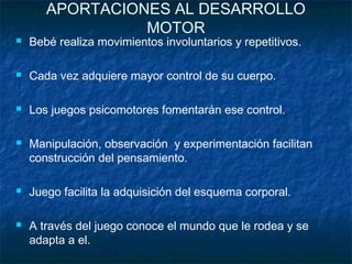 APORTACIONES AL DESARROLLO
                 MOTOR
   Bebé realiza movimientos involuntarios y repetitivos.

   Cada vez adquiere mayor control de su cuerpo.

   Los juegos psicomotores fomentarán ese control.

   Manipulación, observación y experimentación facilitan
    construcción del pensamiento.

   Juego facilita la adquisición del esquema corporal.

   A través del juego conoce el mundo que le rodea y se
    adapta a el.
 