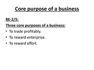 Core purpose of a business
BE-2/5:
Three core purposes of a business:
• To trade profitably.
• To reward enterprise.
• To reward effort.
 