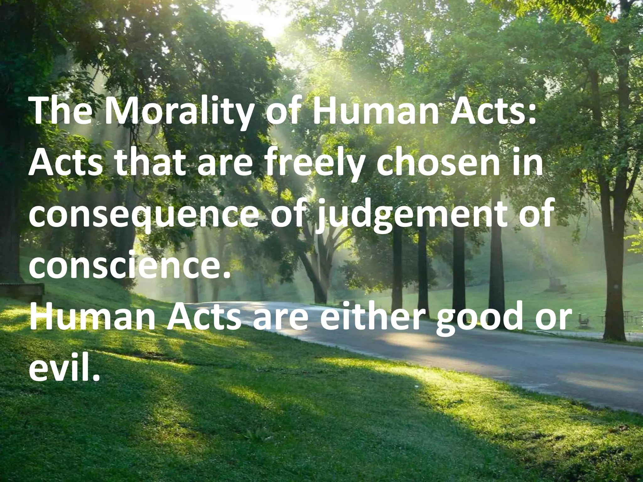 EThe Morality of Human Acts:
Acts that are freely chosen in
consequence of judgement of
conscience.
Human Acts are either good or
evil.
 