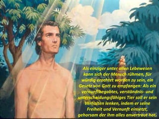 Als einziger unter allen Lebewesen
kann sich der Mensch rühmen, für
würdig erachtet worden zu sein, ein
Gesetz von Gott zu empfangen: Als ein
vernunftbegabtes, verständnis- und
unterscheidungsfähiges Tier soll er sein
Verhalten lenken, indem er seine
Freiheit und Vernunft einsetzt,
gehorsam der ihm alles anvertraut hat.
 