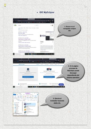 1. Buscar en el
navegador eclipse
IDE
2. En la página
principal de
MyEclipse puede
descargar
dependiendo del
sistema operativo.
3. Ejecuta el
instalador haciendo
doble clic.
 