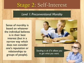 Stage 2: Self-Interest
Sense of morality is
based on whatever
the individual believes
is in their best
interest (but in a
narrow way which
does not consider
one's reputation or
relationships to
groups of people).
Level 1: Preconventional Morality
Stealing is ok if it allows you
to get what you want.
 