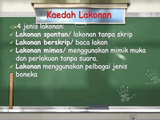 4 jenis lakonan:
 Lakonan spontan/ lakonan tanpa skrip
 Lakonan berskrip/ baca lakon
 Lakonan mimos/ menggunakan mimik muka
dan perlakuan tanpa suara.
 Lakonan menggunakan pelbagai jenis
boneka
Kaedah Lakonan
 