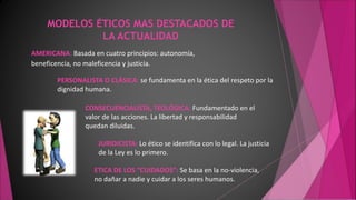 AMERICANA: Basada en cuatro principios: autonomía,
beneficencia, no maleficencia y justicia.
MODELOS ÉTICOS MAS DESTACADOS DE
LA ACTUALIDAD
PERSONALISTA O CLÁSICA: se fundamenta en la ética del respeto por la
dignidad humana.
CONSECUENCIALISTA, TEOLÓGICA: Fundamentado en el
valor de las acciones. La libertad y responsabilidad
quedan diluidas.
JURIDICISTA: Lo ético se identifica con lo legal. La justicia
de la Ley es lo primero.
ETICA DE LOS “CUIDADOS”: Se basa en la no-violencia,
no dañar a nadie y cuidar a los seres humanos.
 
