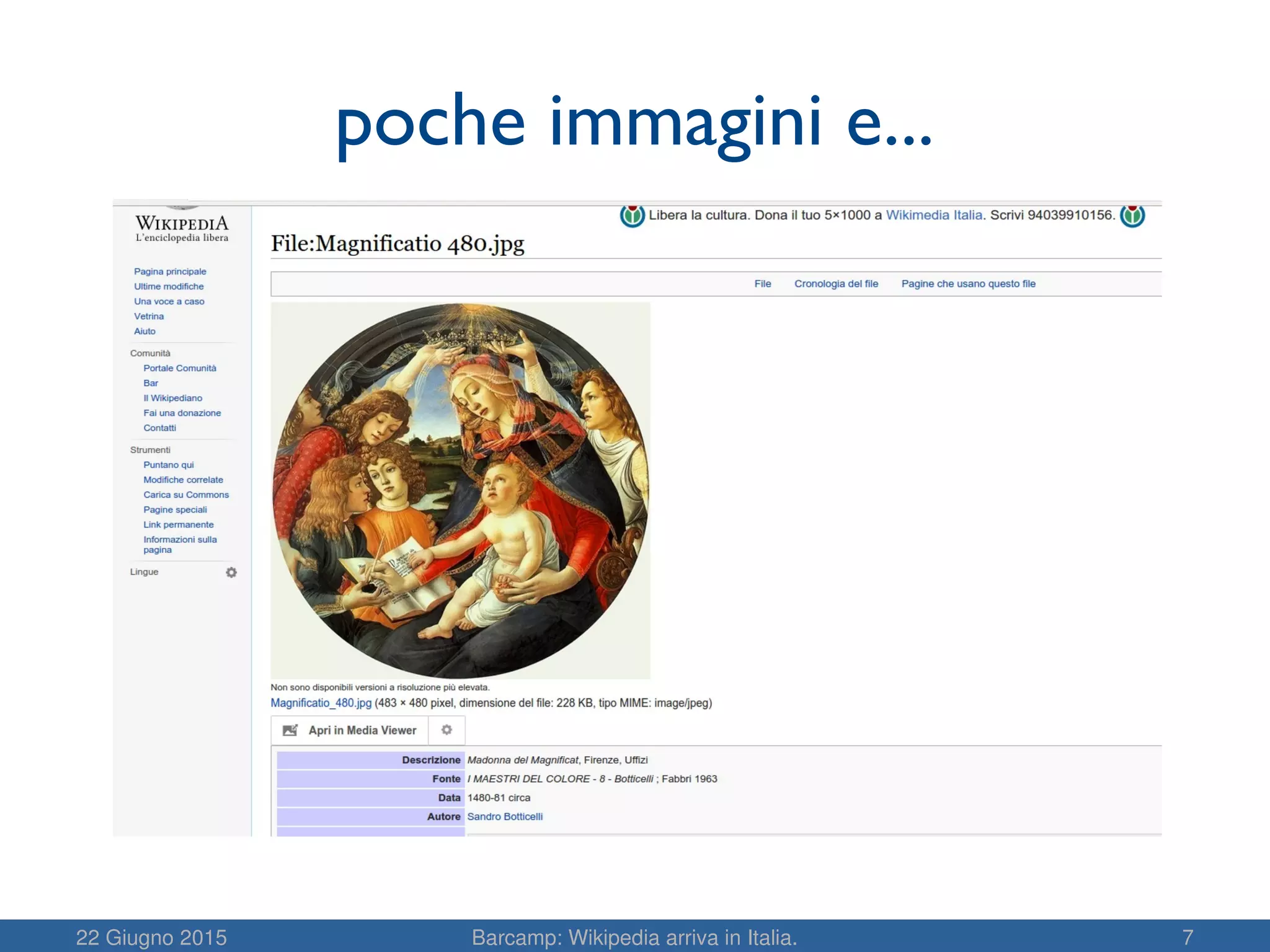 22 Giugno 2015 Barcamp: Wikipedia arriva in Italia. 7
poche immagini e...
 