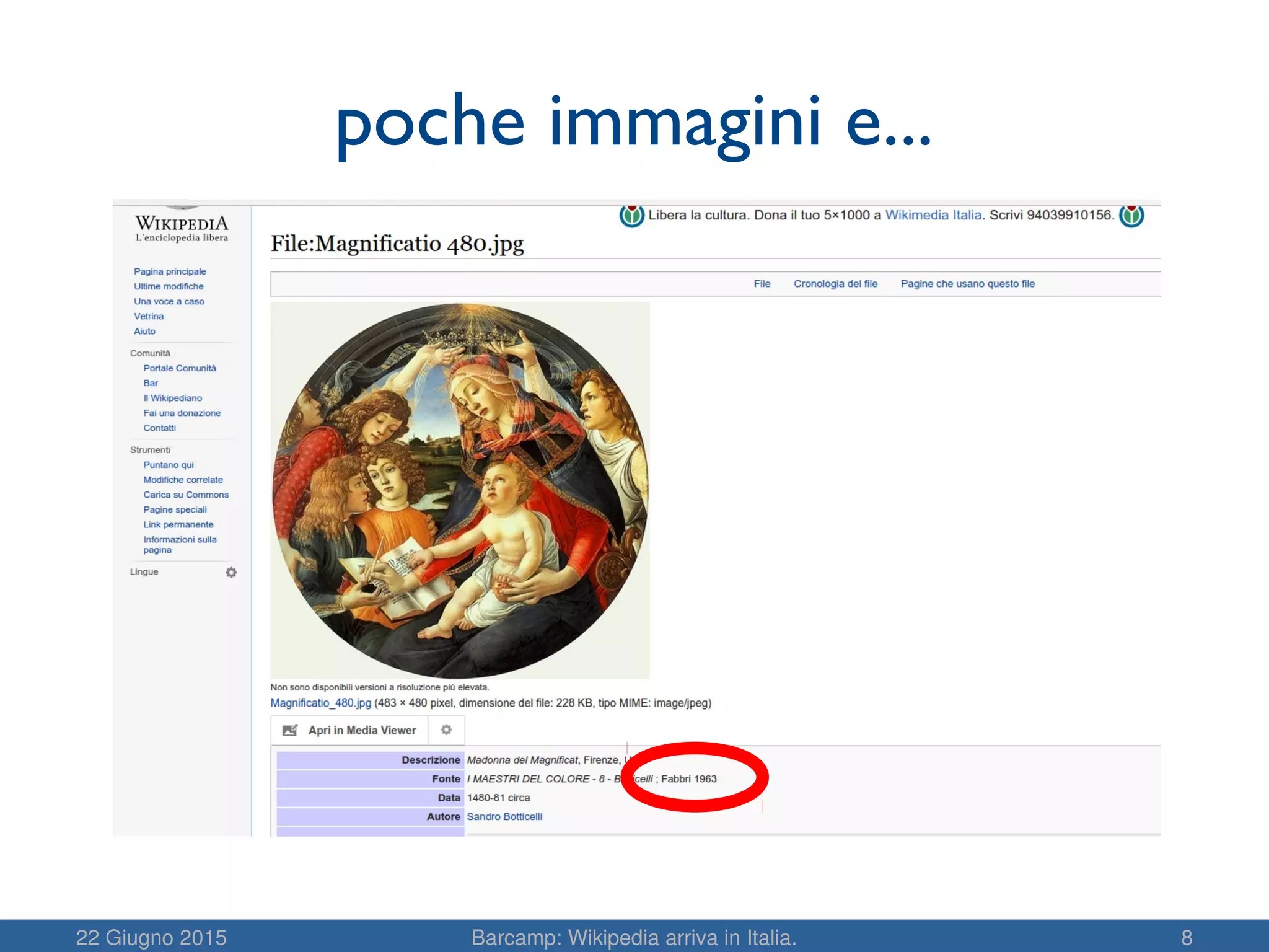 22 Giugno 2015 Barcamp: Wikipedia arriva in Italia. 8
poche immagini e...
 