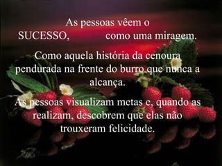 As pessoas vêem o SUCESSO,             como uma miragem. Como aquela história da cenoura pendurada na frente do burro que nunca a alcança. As pessoas visualizam metas e, quando as realizam, descobrem que elas não trouxeram felicidade. 
