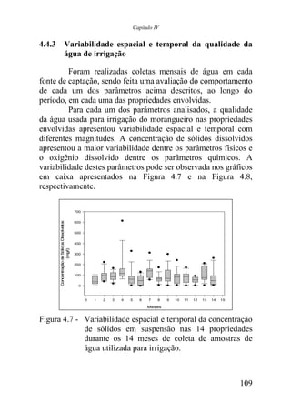 Capítulo IV


4.4.3 Variabilidade espacial e temporal da qualidade da
      água de irrigação

         Foram realizadas coletas mensais de água em cada
fonte de captação, sendo feita uma avaliação do comportamento
de cada um dos parâmetros acima descritos, ao longo do
período, em cada uma das propriedades envolvidas.
         Para cada um dos parâmetros analisados, a qualidade
da água usada para irrigação do morangueiro nas propriedades
envolvidas apresentou variabilidade espacial e temporal com
diferentes magnitudes. A concentração de sólidos dissolvidos
apresentou a maior variabilidade dentre os parâmetros físicos e
o oxigênio dissolvido dentre os parâmetros químicos. A
variabilidade destes parâmetros pode ser observada nos gráficos
em caixa apresentados na Figura 4.7 e na Figura 4.8,
respectivamente.

                                            700
      Concentração de Sólidos Dissolvidos




                                            600


                                            500


                                            400
                    (mg/l)




                                            300


                                            200


                                            100


                                              0



                                                  0   1   2   3   4   5     6   7   8   9   10   11   12   13   14   15

                                                                                Meses


Figura 4.7 - Variabilidade espacial e temporal da concentração
             de sólidos em suspensão nas 14 propriedades
             durante os 14 meses de coleta de amostras de
             água utilizada para irrigação.



                                                                                                                          109
 