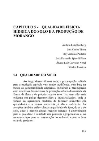 CAPÍTULO 5 - QUALIDADE FÍSICO-
HÍDRICA DO SOLO E A PRODUÇÃO DE
MORANGO

                                         Adilson Luís Bamberg
                                              Luís Carlos Timm
                                          Eloy Antonio Pauletto
                                    Luiz Fernando Spinelli Pinto
                                    Álvaro Luiz Carvalho Nebel
                                               Wildon Panziera


5.1 QUALIDADE DO SOLO
         Ao longo desses últimos anos, a preocupação voltada
para a produção agrícola vem sendo modificada, com base na
busca da sustentabilidade ambiental, incluindo a preocupação
com os efeitos dos métodos de produção sobre a diversidade da
fauna, da flora e do próprio recurso solo. Isso tem sido mais
evidente em países desenvolvidos e industrializados, onde a
função da agricultura moderna de fornecer alimentos em
quantidades e a preços acessíveis já não é suficiente. As
atenções também estão voltadas à qualidade da água, do ar e do
solo, onde o manejo desses recursos naturais é determinante
para a qualidade e sanidade dos produtos agropecuários e, ao
mesmo tempo, para a conservação do ambiente e para o bem
estar do produtor.


                                                            115
 