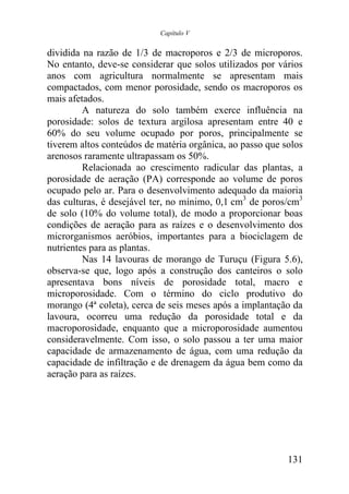Capítulo V


dividida na razão de 1/3 de macroporos e 2/3 de microporos.
No entanto, deve-se considerar que solos utilizados por vários
anos com agricultura normalmente se apresentam mais
compactados, com menor porosidade, sendo os macroporos os
mais afetados.
         A natureza do solo também exerce influência na
porosidade: solos de textura argilosa apresentam entre 40 e
60% do seu volume ocupado por poros, principalmente se
tiverem altos conteúdos de matéria orgânica, ao passo que solos
arenosos raramente ultrapassam os 50%.
         Relacionada ao crescimento radicular das plantas, a
porosidade de aeração (PA) corresponde ao volume de poros
ocupado pelo ar. Para o desenvolvimento adequado da maioria
das culturas, é desejável ter, no mínimo, 0,1 cm3 de poros/cm3
de solo (10% do volume total), de modo a proporcionar boas
condições de aeração para as raízes e o desenvolvimento dos
microrganismos aeróbios, importantes para a biociclagem de
nutrientes para as plantas.
         Nas 14 lavouras de morango de Turuçu (Figura 5.6),
observa-se que, logo após a construção dos canteiros o solo
apresentava bons níveis de porosidade total, macro e
microporosidade. Com o término do ciclo produtivo do
morango (4ª coleta), cerca de seis meses após a implantação da
lavoura, ocorreu uma redução da porosidade total e da
macroporosidade, enquanto que a microporosidade aumentou
consideravelmente. Com isso, o solo passou a ter uma maior
capacidade de armazenamento de água, com uma redução da
capacidade de infiltração e de drenagem da água bem como da
aeração para as raízes.




                                                           131
 