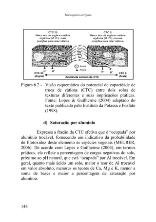 Morangueiro Irrigado




Figura 6.2 - Visão esquemática do potencial de capacidade de
             troca de cátions (CTC) entre dois solos de
             texturas diferentes e suas implicações práticas.
             Fonte: Lopes & Guilherme (2004) adaptado do
             texto publicado pelo Instituto da Potassa e Fosfato
             (1998).

            d) Saturação por alumínio

         Expressa a fração da CTC efetiva que é “ocupada” por
alumínio trocável, fornecendo um indicativo da probabilidade
de fitotoxidez deste elemento às espécies vegetais (MEURER,
2006). De acordo com Lopes e Guilherme (2004), em termos
práticos, ela reflete a percentagem de cargas negativas do solo,
próximo ao pH natural, que está “ocupada” por Al trocável. Em
geral, quanto mais ácido um solo, maior o teor de Al trocável
em valor absoluto, menores os teores de Ca, Mg e K, menor a
soma de bases e maior a percentagem de saturação por
alumínio.




144
 