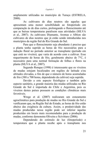 Capítulo I


amplamente utilizadas no município de Turuçu (ESTRELA,
2008).
          As cultivares de dias neutros são aquelas que
apresentam uma menor sensibilidade ao fotoperíodo em
comparação às de dias curtos, prolongando o florescimento até
que as baixas temperaturas paralisem suas atividades (SILVA
et al., 2007). As cultivares Diamante, Aromas e Albion são
cultivares de dias neutros que já estão sendo introduzidas nos
municípios da região Sul do Rio Grande do Sul.
          Para que o florescimento seja abundante é preciso que
a planta tenha suprido as horas de frio necessárias para a
indução floral no período anterior ao transplante (período em
que está no viveiro), que varia de acordo com a cultivar. Esse
requerimento de horas de frio, geralmente abaixo de 7°C, é
necessário para uma normal formação de folhas e flores na
planta (SILVA et al., 2007).
          Segundo Ronque (1998) é interessante que os viveiros
de mudas estejam localizados em regiões de latitude e/ou
altitudes elevadas, a fim de que o número de horas acumuladas
de frio (380 a 700 horas, dependendo da cultivar) seja suprida.
          Devido a este aspecto fisiológico e também pelo
aspecto sanitário, a grande maioria das mudas utilizadas no Rio
Grande do Sul é importada do Chile e Argentina, pois os
viveiros destes países possuem as condições climáticas mais
favoráveis.
          Wrege et al. (2007) realizaram um zoneamento
agroclimático para produção de mudas no Rio Grande do Sul e
verificaram que, na Região Sul do Estado, as horas de frio estão
abaixo das exigência da cultura. Assim, a produtividade das
mudas produzidas nessa região pode ser inferior àquelas
produzidas em locais mais recomendados para a produção de
mudas, conforme demonstra Oliveira e Scivittaro (2006).
          Dependendo do estímulo de luz (fotoperíodo) e
temperatura que a planta recebe após o transplante nos

                                                             21
 