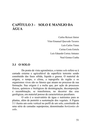 CAPÍTULO 3 - SOLO E MANEJO DA
ÁGUA

                                             Carlos Reisser Júnior
                                  Vitor Emanuel Quevedo Tavares
                                                Luís Carlos Timm
                                              Carina Costa Estrela
                                     Luís Eduardo Correa Antunes
                                               Noel Gomes Cunha


3.1 O SOLO
          Do ponto de vista agronômico, o termo solo refere-se à
camada externa e agricultável da superfície terrestre sendo
constituído das fases sólida, líquida e gasosa. O material de
origem, o tempo, o clima, a topografia da região e os
organismos vivos são os fatores que atuam no processo de sua
formação. Sua origem é a rocha que, por ação de processos
físicos, químicos e biológicos de desintegração, decomposição
e recombinação, se transformou, no decorrer das eras
geológicas, em material poroso de características peculiares.
          O solo é o reservatório de água e nutrientes para as
plantas, além de permitir a sustentação dos vegetais. A Figura
3.1 ilustra um corte vertical no perfil de um solo, constituído de
uma série de camadas superpostas, denominadas horizontes do
solo.



                                                               51
 