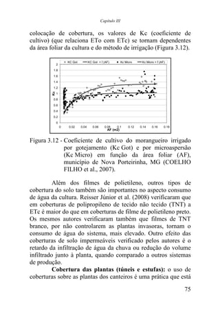 Capítulo III


colocação de cobertura, os valores de Kc (coeficiente de
cultivo) (que relaciona ETo com ETc) se tornam dependentes
da área foliar da cultura e do método de irrigação (Figura 3.12).

                      KC Got          KC Got = f (AF)          Kc Micro     Kc Micro = f (AF)
              2
         1.8
         1.6
         1.4
         1.2
         Kc




              1
         0.8
         0.6
         0.4
         0.2
              0
                  0   0.02     0.04      0.06     0.08    0.1       0.12   0.14    0.16     0.18
                                                    AF (m2)


Figura 3.12 - Coeficiente de cultivo do morangueiro irrigado
              por gotejamento (Kc Got) e por microaspersão
              (Kc Micro) em função da área foliar (AF),
              município de Nova Porteirinha, MG (COELHO
              FILHO et al., 2007).

          Além dos filmes de polietileno, outros tipos de
cobertura do solo também são importantes no aspecto consumo
de água da cultura. Reisser Júnior et al. (2008) verificaram que
em coberturas de polipropileno de tecido não tecido (TNT) a
ETc é maior do que em coberturas de filme de polietileno preto.
Os mesmos autores verificaram também que filmes de TNT
branco, por não controlarem as plantas invasoras, tornam o
consumo de água do sistema, mais elevado. Outro efeito das
coberturas de solo impermeáveis verificado pelos autores é o
retardo da infiltração de água da chuva ou redução do volume
infiltrado junto à planta, quando comparado a outros sistemas
de produção.
          Cobertura das plantas (túneis e estufas): o uso de
coberturas sobre as plantas dos canteiros é uma prática que está

                                                                                                   75
 