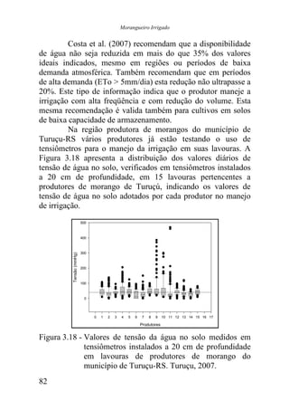 Morangueiro Irrigado


         Costa et al. (2007) recomendam que a disponibilidade
de água não seja reduzida em mais do que 35% dos valores
ideais indicados, mesmo em regiões ou períodos de baixa
demanda atmosférica. Também recomendam que em períodos
de alta demanda (ETo > 5mm/dia) esta redução não ultrapasse a
20%. Este tipo de informação indica que o produtor maneje a
irrigação com alta freqüência e com redução do volume. Esta
mesma recomendação é valida também para cultivos em solos
de baixa capacidade de armazenamento.
         Na região produtora de morangos do município de
Turuçu-RS vários produtores já estão testando o uso de
tensiômetros para o manejo da irrigação em suas lavouras. A
Figura 3.18 apresenta a distribuição dos valores diários de
tensão de água no solo, verificados em tensiômetros instalados
a 20 cm de profundidade, em 15 lavouras pertencentes a
produtores de morango de Turuçú, indicando os valores de
tensão de água no solo adotados por cada produtor no manejo
de irrigação.
                          500



                          400



                          300
          Tensão (mmHg)




                          200



                          100



                           0




                                0   1   2   3   4   5   6    7   8   9   10 11 12 13 14 15 16 17

                                                            Produtores


Figura 3.18 - Valores de tensão da água no solo medidos em
              tensiômetros instalados a 20 cm de profundidade
              em lavouras de produtores de morango do
              município de Turuçu-RS. Turuçu, 2007.
82
 
