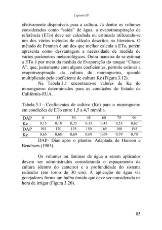 Capítulo III


efetivamente disponíveis para a cultura. Já dentre os volumes
considerados como “saída” de água, a evapotranspiração de
referência (ETo) deve ser calculada ou estimada utilizando-se
um dos vários métodos de cálculo descritos na literatura. O
método de Penman é um dos que melhor calcula a ETo, porém
apresenta como desvantagem a necessidade de medida de
vários parâmetros meteorológicos. Outra maneira de se estimar
a ETo é por meio da medida de Evaporação do tanque “Classe
A”, que, juntamente com alguns coeficientes, permite estimar a
evapotranspiração da cultura do morangueiro, quando
multiplicado pelo coeficiente de cultura Kc (Figura 3.12).
         Na Tabela 3.1 encontram-se valores de Kc do
morangueiro determinados para as condições do Estado da
Califórnia-EUA.

Tabela 3.1 – Coeficientes de cultivo (Kc) para o morangueiro
em condições de ETo entre 1,5 a 4,7 mm/dia.
DAP       0       15      30         45     60     75     90
Kc       0,15    0,18    0,25       0,35   0,45   0,55   0,62
DAP      105     120     135        150    165    180    195
Kc       0,65    0,68    0,69       0,69   0,69   0,79   0,70
       DAP- Dias após o plantio. Adaptada de Hanson e
Bendixen (1985).

         Os volumes ou lâminas de água a serem aplicados
devem ser administrados considerando o espaçamento da
cultura (dentro do canteiro) e a profundidade do sistema
radicular (em torno de 30 cm). A aplicação de água via
gotejadores forma um bulbo úmido que deve ser considerado na
hora de irrigar (Figura 3.20).




                                                           85
 
