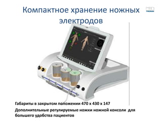 Компактное хранение ножных
           электродов




Габариты в закрытом положении 470 х 430 х 147
Дополнительные регулируемые ножки ножной консоли для
большего удобства пациентов
 