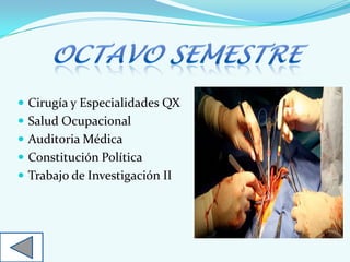  Cirugía y Especialidades QX
 Salud Ocupacional
 Auditoria Médica
 Constitución Política
 Trabajo de Investigación II
 