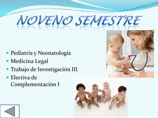  Pediatría y Neonatología
 Medicina Legal
 Trabajo de Investigación III
 Electiva de
Complementación I
 