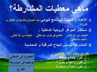 ماهي معطيات المشارطة ؟ 1-  الإعداد و التهيئة للبرنامج اليومي :  نبدأ الصباح بالأدعية و الأذكار و الأوردة  .  2-  استنفار الحوافز الروحية الداخلية   :  الخوف من الله تعالى  -  الطمع في ثواب الله تعالى  -  الحياء من الله تعالى  .  -  الحبّ لله تعالى  .  3-  المشارطة تؤسس لنجاح المراقبة و المحاسبة لابد من وجود ثلاثة عناصر   :  -  أن تكون جادّة و صادقة  . -  أن تكون واعية و بصيرة  . -  أن تكون دائمة و مستمرّة  .  التدرج الواقعية في المشارطة الطموح إلى المعالي 