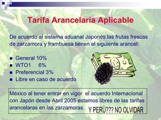 Tarifa Arancelaria Aplicable
De acuerdo al sistema aduanal Japonés las frutas frescas
de zarzamora y frambuesa tienen el siguiente arancel:

  General 10%
  WTO1 6%
  Preferencial 3%
  Libre en caso de acuerdo

México al tener entrar en vigor el acuerdo Internacional
con Japón desde Abril 2005 estamos libres de las tarifas
arancelaras en las zarzamoras.
                                Y PERÙ??? NO OLVIDAR
 