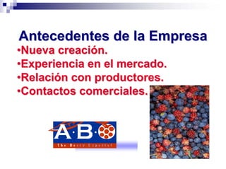 Antecedentes de la Empresa
•Nueva creación.
•Experiencia en el mercado.
•Relación con productores.
•Contactos comerciales.
 