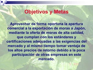 Objetivos y Metas

  Aprovechar de forma oportuna la apertura
comercial a la exportación de moras a Japón,
  mediante la oferta de moras de alta calidad,
       que cumplan con los estándares y
certificaciones adecuadas a las exigencias del
 mercado y al mismo tiempo tomar ventaja de
 los altos precios de retorno debido a la poca
   participación de otras empresas en este
                   mercado.
 