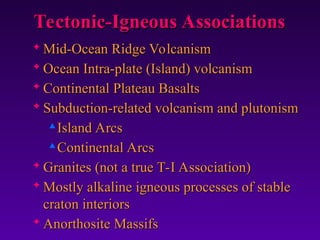
Mid-Ocean Ridge Volcanism
Mid-Ocean Ridge Volcanism

Ocean Intra-plate (Island) volcanism
Ocean Intra-plate (Island) volcanism

Continental Plateau Basalts
Continental Plateau Basalts
 Subduction-related volcanism and plutonism
Subduction-related volcanism and plutonism

Island Arcs
Island Arcs

Continental Arcs
Continental Arcs
 Granites (not a true T-I Association)
Granites (not a true T-I Association)

Mostly alkaline igneous processes of stable
Mostly alkaline igneous processes of stable
craton interiors
craton interiors

Anorthosite Massifs
Anorthosite Massifs
Tectonic-Igneous Associations
Tectonic-Igneous Associations
 