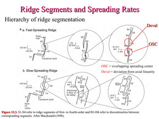 Ridge Segments and Spreading Rates
Ridge Segments and Spreading Rates
Hierarchy of ridge segmentation
Figure 13.3.
Figure 13.3. S1-S4 refer to ridge segments of first- to fourth-order and D1-D4 refer to discontinuities between
S1-S4 refer to ridge segments of first- to fourth-order and D1-D4 refer to discontinuities between
corresponding segments. After Macdonald (1998).
corresponding segments. After Macdonald (1998).
OSC
OSC
Deval
Deval
OSC = overlapping spreading center
Deval = deviation from axial linearity
 
