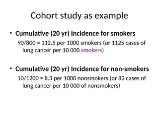 Cohort study as example
• Cumulative (20 yr) Incidence for smokers
90/800 = 112.5 per 1000 smokers (or 1125 cases of
lung cancer per 10 000 smokers)
• Cumulative (20 yr) Incidence for non-smokers
10/1200 = 8.3 per 1000 nonsmokers (or 83 cases of
lung cancer per 10 000 of nonsmokers)
 