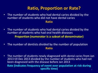 Ratio, Proportion or Rate? 
• The number of students who had dental caries divided by the 
number of students who did not have dental caries 
Ratio 
• The number of students who had dental caries divided by the 
number of students who had oral health diseases 
Proportion (numerator is a subset of denominator) 
• The number of dentists divided by the number of population 
Ratio 
• The number of students newly diagnosed with dental caries from Jan 
2013 till Dec 2013 divided by the number of students who had not 
been diagnosed with the disease before Jan 2013 
Rate (indicates frequency of event over population at risk during 
specific time) 
7 
 