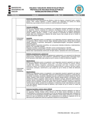 VIGILANCIA Y ANÁLISIS DEL RIESGO EN SALUD PÚBLICA
PROTOCOLO DE VIGILANCIA EN SALUD PUBLICA
MORBILIDAD MATERNA EXTREMA
PRO-R02.052 Versión 02 2016 – Mar – 29 Página36de 70
FOR-R02.0000-059 V00- jun-2014
Anemia de células falciformes:
Causa anemia y crisis vasoclusivas que afectan a todos los órganos, incluyendo hueso, corazón,
pulmón, riñón, sistema digestivo y cerebro. Mujeres con diagnostico de anemia de células
falciformes y que cumple con por lo menos un criterio de disfunción orgánica.
Enfermedad
oncológica
Tumores cerebrales
Mujeres con diagnóstico previo a la gestación o con diagnostico durante la gestación con base en
los siguientes criterios: presencia de trastornos neurológicos focales y/o signos de irritación
meníngea, presencia de convulsiones de novo en una paciente que no presenta hipertensión
arterial, cefaleas, náuseas y vómitos, y otros síntomas no específicos de déficits neurológicos
focales tales como hemiparesia y defectos del campo visual y que cumple con por lo menos un
criterio de disfunción orgánica.
Leucemia
Mujeres con diagnóstico previo a la gestación o con diagnostico durante la gestación con base en
los siguientes criterios: historia clínica de fatiga, debilidad, pérdida de peso, disnea, falta de energía
palidez, petequias y equimosis, adenopatías y hepatoesplenomegalia, neuropatías craneales e
hiperplasia gingival.
Sangre periférica: leucocitosis neutrofílica, con precursores mieloides (mielocitos y metamielocitos),
Blastos 1-3%, eosinofilia, basofilia.
Plaquetas normales o aumentadas (>450.000 x mm3) o trombocitopenia (<100.000)
Fosfatasa alcalina leucocitaria (FAL) ausente o disminuida, hiperuricemia, LDH aumentada.
Medula ósea: hipercelularidad, disminución de tejido adiposo, hiperplasia de la serie leucopoyética.
Enfermedad
endocrino /
metabólicas
Diabetes pregestacional y gestacional
Mujeres con diagnóstico de diabetes (pre gestacional o gestacional) y con asociación de infecciones
genitourinarias, preeclampsia, parto pretermino, polihidramnios, placenta previa, hemorragia mayor
de 26 semanas y óbito fetal y que cumple con por lo menos un criterio de disfunción orgánica.
Hipotiroidismo
Mujeres con diagnóstico previo a la gestación o con diagnostico durante la gestación con base en
los siguientes criterios: Hipotiroidismo severo (TSH > 5.0 mlUI/L) asociado con anemia, arritmia,
miopatía falla cardiaca congestiva, preeclampsia, hemorragia post parto, amenaza de parto
pretermino y aborto. Con síntomas clínicos como debilidad muscular y cansancio, piel seca, edema,
somnolencia, sobrepeso, estreñimiento y que cumple con por lo menos un criterio de disfunción
orgánica.
Hipertiroidismo
Mujeres con diagnóstico previo a la gestación o con diagnostico durante la gestación con base en
los siguientes criterios: TSH Indetectable, disfunción termorreguladora temperatura y cardiovascular,
taquicardia, nerviosismo, temblores y debilidad muscular, aumento de la presión arterial con dolor de
cabeza, náusea y visión borrosa, moderado delirio, psicosis, letargia extrema, convulsiones, coma.
Insuficiencia cardiaca congestiva, edema pulmonar, fibrilación auricular, disfunción gastrointestinal-
hepática, diarrea o estreñimiento, vómitos, dolor abdominal severo. Pérdida de peso o no aumentar
de peso como se esperaba, aumento de apetito, ritmo cardíaco acelerado y respiración rápida aún
mientras está en reposo, aumento de la sudoración e intolerancia al calor, bulto doloroso en el cuello
o los ojos saltones, ictericia de causa no definida y que cumple con por lo menos un criterio de
disfunción orgánica.
Renal
Síndrome hemolítico urémico atípico (SHUA)
Mujeres con diagnóstico previo a la gestación o con diagnostico durante la gestación con base en
los siguientes criterios: Entidad clínica definida por la tríada anemia hemolítica no inmune,
trombocitopenia e insuficiencia renal aguda, en la que las lesiones subyacentes están mediadas por
un proceso de microangiopatía trombótica (MAT) sistémica. El SHU atípico (SHUa) es un subtipo de
SHU en el que los fenómenos de MAT son consecuencia de la pérdida de regulación de la vía
alternativa del complemento sobre las superficies celulares de causa genética.
 