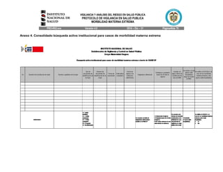 VIGILANCIA Y ANÁLISIS DEL RIESGO EN SALUD PÚBLICA
PROTOCOLO DE VIGILANCIA EN SALUD PUBLICA
MORBILIDAD MATERNA EXTREMA
PRO-R02.xxx Versión 4.0 2014 – Dic – 31 Página46de 70
Anexo 4. Consolidado búsqueda activa institucional para casos de morbilidad materna extrema
 