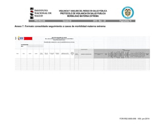 VIGILANCIA Y ANÁLISIS DEL RIESGO EN SALUD PÚBLICA
PROTOCOLO DE VIGILANCIA EN SALUD PUBLICA
MORBILIDAD MATERNA EXTREMA
PRO-R02.052 Versión 02 2016 – Mar – 29 Página53de 70
FOR-R02.0000-059 V00- jun-2014
Anexo 7. Formato consolidado seguimiento a casos de morbilidad materna extrema
 