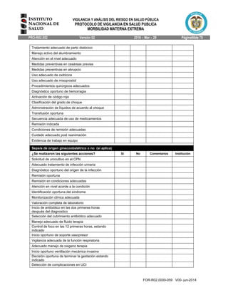 VIGILANCIA Y ANÁLISIS DEL RIESGO EN SALUD PÚBLICA
PROTOCOLO DE VIGILANCIA EN SALUD PUBLICA
MORBILIDAD MATERNA EXTREMA
PRO-R02.052 Versión 02 2016 – Mar – 29 Página66de 70
FOR-R02.0000-059 V00- jun-2014
Tratamiento adecuado de parto distócico
Manejo activo del alumbramiento
Atención en el nivel adecuado
Medidas preventivas en cesáreas previas
Medidas preventivas en abrupcio
Uso adecuado de oxitócica
Uso adecuado de misoprostol
Procedimientos quirúrgicos adecuados
Diagnóstico oportuno de hemorragia
Activación de código rojo
Clasificación del grado de choque
Administración de líquidos de acuerdo al choque
Transfusión oportuna
Secuencia adecuada de uso de medicamentos
Remisión indicada
Condiciones de remisión adecuadas
Cuidado adecuado post reanimación
Evidencia de trabajo en equipo
Sepsis de origen ginecoobstétrico o no (si aplica)
¿Se realizaron las siguientes acciones? Si No Comentarios Institución
Solicitud de urocultivo en el CPN
Adecuado tratamiento de infección urinaria
Diagnóstico oportuno del origen de la infección
Remisión oportuna
Remisión en condiciones adecuadas
Atención en nivel acorde a la condición
Identificación oportuna del síndrome
Monitorización clínica adecuada
Valoración completa de laboratorio
Inicio de antibiótico en las dos primeras horas
después del diagnostico
Selección del cubrimiento antibiótico adecuado
Manejo adecuado de fluido terapia
Control de foco en las 12 primeras horas, estando
indicado
Inicio oportuno de soporte vasopresor
Vigilancia adecuada de la función respiratoria
Adecuado manejo de oxigeno terapia
Inicio oportuno ventilación mecánica invasiva
Decisión oportuna de terminar la gestación estando
indicado
Detección de complicaciones en UCI
 