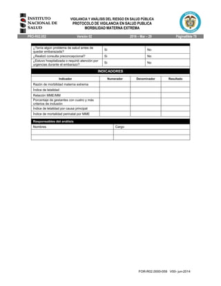 VIGILANCIA Y ANÁLISIS DEL RIESGO EN SALUD PÚBLICA
PROTOCOLO DE VIGILANCIA EN SALUD PUBLICA
MORBILIDAD MATERNA EXTREMA
PRO-R02.052 Versión 02 2016 – Mar – 29 Página69de 70
FOR-R02.0000-059 V00- jun-2014
¿Tenía algún problema de salud antes de
quedar embarazada?
Si No
¿Realizó consulta preconcepcional? Si No
¿Estuvo hospitalizada o requirió atención por
urgencias durante el embarazo?
Si No
INDICADORES
Indicador Numerador Denominador Resultado
Razón de morbilidad materna extrema
Índice de letalidad
Relación MME/MM
Porcentaje de gestantes con cuatro y más
criterios de inclusión
Índice de letalidad por causa principal
Índice de mortalidad perinatal por MME
Responsables del análisis
Nombres Cargo
 