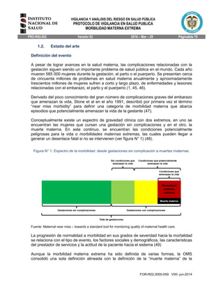 VIGILANCIA Y ANÁLISIS DEL RIESGO EN SALUD PÚBLICA
PROTOCOLO DE VIGILANCIA EN SALUD PUBLICA
MORBILIDAD MATERNA EXTREMA
PRO-R02.052 Versión 02 2016 – Mar – 29 Página8de 70
FOR-R02.0000-059 V00- jun-2014
1.2. Estado del arte
Definición del evento
A pesar de lograr avances en la salud materna, las complicaciones relacionadas con la
gestación siguen siendo un importante problema de salud pública en el mundo. Cada año
mueren 585 000 mujeres durante la gestación, el parto o el puerperio. Se presentan cerca
de cincuenta millones de problemas en salud materna anualmente y aproximadamente
trescientos millones de mujeres sufren a corto y largo plazo, de enfermedades y lesiones
relacionadas con el embarazo, el parto y el puerperio (1, 45, 46).
Derivado del poco conocimiento del gran número de complicaciones graves del embarazo
que amenazan la vida, Stone et al en el año 1991, describió por primera vez el término
“near miss morbidity” para definir una categoría de morbilidad materna que abarca
episodios que potencialmente amenazan la vida de la gestante (47).
Conceptualmente existe un espectro de gravedad clínica con dos extremos, en uno se
encuentran las mujeres que cursan una gestación sin complicaciones y en el otro, la
muerte materna. En este continuo, se encuentran las condiciones potencialmente
peligrosas para la vida o morbilidades maternas extremas, las cuales pueden llegar a
generar un desenlace fatal si no se intervienen (ver figura N° 1) (48).
Figura N° 1. Espectro de la morbilidad: desde gestaciones sin complicación a muertes maternas.
Fuente: Maternal near miss – towards a standard tool for monitoring quality of maternal health care.
La progresión de normalidad a morbilidad en sus grados de severidad hacia la mortalidad
se relaciona con el tipo de evento, los factores sociales y demográficos, las características
del prestador de servicios y la actitud de la paciente hacia el sistema (49)
Aunque la morbilidad materna extrema ha sido definida de varias formas, la OMS
consolidó una sola definición alineada con la definición de la “muerte materna” de la
 