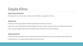 Gejala Klinis
Stadium kataral (prodromal)
Berlangsung 4-5 hari disertai panas, malaise, batuk, fotofobia, konjungtivitis dan koriza
Stadium Erupsi
Terjadinya eritema yang berbentuk makula-papula disertai menaiknya suhu badan
Mula-mula eritem timbul dibelakang telinga, dibagian atas lateral tengkuk, sepanjang rambut dan bagian belakang bawah
Ruam mencapai anggota bawah pada hari ketiga dan akan menghilang sesuai urutan terjadinya.
Stadium konvalesensi
Erupsi berkurang meninggalkan bekas yang berwarna lebih tua (hiperpigmentasi) yang lama kelamaan akan hilang sendiri
Hiperpigmentasi ini merupakan gejala patognomonik untuk morbili
 