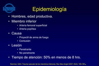 Epidemiología
• Hombres, edad productiva.
• Miembro inferior
• Arteria femoral superficial
• Arteria poplítea
• Causa
• Proyectil de arma de fuego
• Contusión
• Lesión
• Penetrante
• No penetrante
• Tiempo de atención: 50% en menos de 8 hrs.
Ramírez, GAH. Trauma vascular de los miembros inferiores. Rev Mex Angiol 2007; 35(4): 185-189.
 