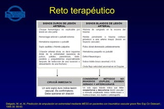 Reto terapéutico
Delgado, M. et. Al. Predicción de amputación en extremidad mediante MESS en pacientes con traumática vascular grave Rev Esp Cir Osteoart ;
1995 30: 89-93
 
