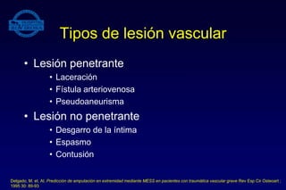 Tipos de lesión vascular
• Lesión penetrante
• Laceración
• Fístula arteriovenosa
• Pseudoaneurisma
• Lesión no penetrante
• Desgarro de la íntima
• Espasmo
• Contusión
Delgado, M. et. Al. Predicción de amputación en extremidad mediante MESS en pacientes con traumática vascular grave Rev Esp Cir Osteoart ;
1995 30: 89-93
 