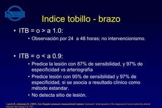 Indice tobillo - brazo
• ITB = o > a 1.0:
• Observación por 24 a 48 horas; no intervencionismo.
• ITB = o < a 0.9:
• Predice la lesión con 87% de sensibilidad, y 97% de
especificidad vs arteriografía
• Predice lesión con 95% de sensibilidad y 97% de
especificidad, si se asocia a resultado clínico como
método estandar.
• No detecta sitio de lesión.
Lynch K, Johansen K. (1991). Can Doppler pressure measurement replace “exclusion” arteriography in the diagnosis of occult extremity arterial
trauma? Ann Surg 214: 737.
 