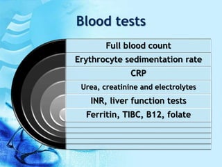 Blood tests
Full blood count
Erythrocyte sedimentation rate
CRP
Urea, creatinine and electrolytes
INR, liver function tests
Ferritin, TIBC, B12, folate
 