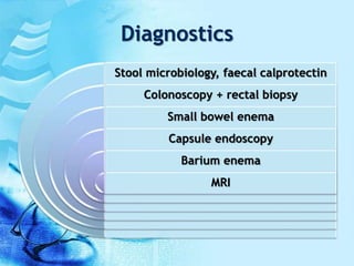 Diagnostics
Stool microbiology, faecal calprotectin
Colonoscopy + rectal biopsy
Small bowel enema
Capsule endoscopy
Barium enema
MRI
 