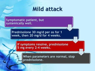 Mild attack
Symptomatic patient, but
systemically well.
Prednisolone 30 mg/d per os for 1
week, then 20 mg/d for 4 weeks.
If symptoms resolve, prednisolone
5 mg every 2-4 weeks.
When parameters are normal, stop
prednisolone.
 