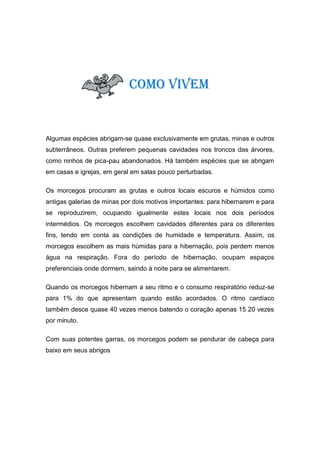 Como vivem


Algumas espécies abrigam-se quase exclusivamente em grutas, minas e outros
subterrâneos. Outras preferem pequenas cavidades nos troncos das árvores,
como ninhos de pica-pau abandonados. Há também espécies que se abrigam
em casas e igrejas, em geral em salas pouco perturbadas.

Os morcegos procuram as grutas e outros locais escuros e húmidos como
antigas galerias de minas por dois motivos importantes: para hibernarem e para
se reproduzirem, ocupando igualmente estes locais nos dois períodos
intermédios. Os morcegos escolhem cavidades diferentes para os diferentes
fins, tendo em conta as condições de humidade e temperatura. Assim, os
morcegos escolhem as mais húmidas para a hibernação, pois perdem menos
água na respiração. Fora do período de hibernação, ocupam espaços
preferenciais onde dormem, saindo à noite para se alimentarem.

Quando os morcegos hibernam a seu ritmo e o consumo respiratório reduz-se
para 1% do que apresentam quando estão acordados. O ritmo cardíaco
também desce quase 40 vezes menos batendo o coração apenas 15 20 vezes
por minuto.

Com suas potentes garras, os morcegos podem se pendurar de cabeça para
baixo em seus abrigos
 