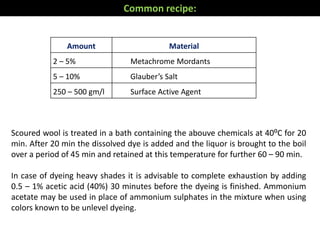 Common recipe:
Amount Material
2 – 5% Metachrome Mordants
5 – 10% Glauber’s Salt
250 – 500 gm/l Surface Active Agent
Scoured wool is treated in a bath containing the abouve chemicals at 40⁰C for 20
min. After 20 min the dissolved dye is added and the liquor is brought to the boil
over a period of 45 min and retained at this temperature for further 60 – 90 min.
In case of dyeing heavy shades it is advisable to complete exhaustion by adding
0.5 – 1% acetic acid (40%) 30 minutes before the dyeing is finished. Ammonium
acetate may be used in place of ammonium sulphates in the mixture when using
colors known to be unlevel dyeing.
 