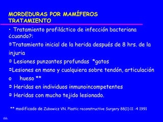 MORDEDURAS POR MAMÍFEROS
       TRATAMIENTO
       • Tratamiento profiláctico de infección bacteriana
       ¿cuando?:
       Tratamiento       inicial de la herida después de 8 hrs. de la
       injuria
          Lesiones punzantes profundas *gatos
       Lesiones     en mano y cualquiera sobre tendón, articulación
       o     hueso **
          Heridas en individuos inmunoincompetentes
          Heridas con mucho tejido lesionado.

       ** modificado de Zubowicz VN. Plastic reconstructive Surgery 88(1):11 -4 1991

thb.
 