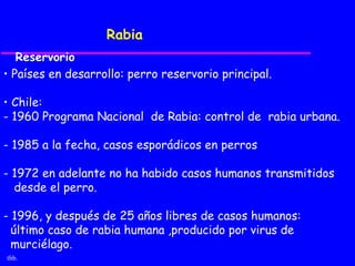 Rabia
   Reservorio
• Países en desarrollo: perro reservorio principal.

• Chile:
- 1960 Programa Nacional de Rabia: control de rabia urbana.

- 1985 a la fecha, casos esporádicos en perros

- 1972 en adelante no ha habido casos humanos transmitidos
  desde el perro.

- 1996, y después de 25 años libres de casos humanos:
  último caso de rabia humana ,producido por virus de
  murciélago.
thb.
 